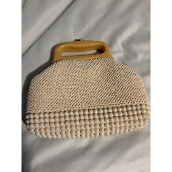 Vintage Hand Made in Hong Kong Beaded Handbag Lucite Handle Cream Butterscotch - Picture 3 of 7